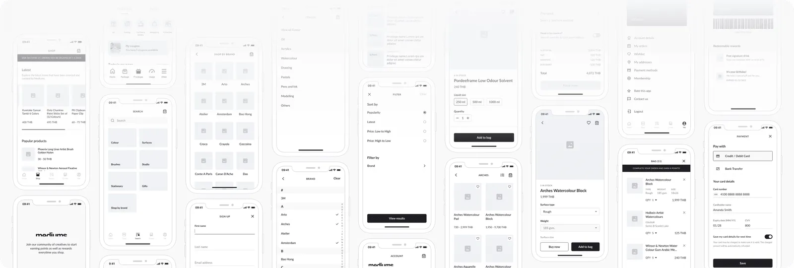 Mediums low fidelity wireframes for the mobile app