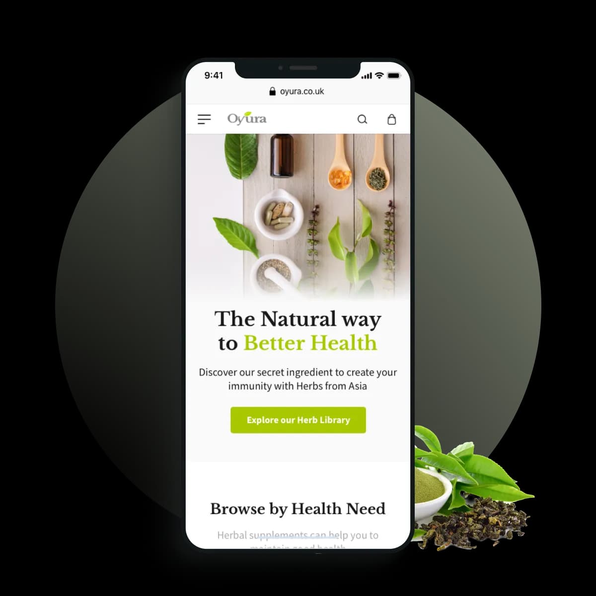 Oyura mobile home page with the Explore our Herb Library call to action and browsing by health need